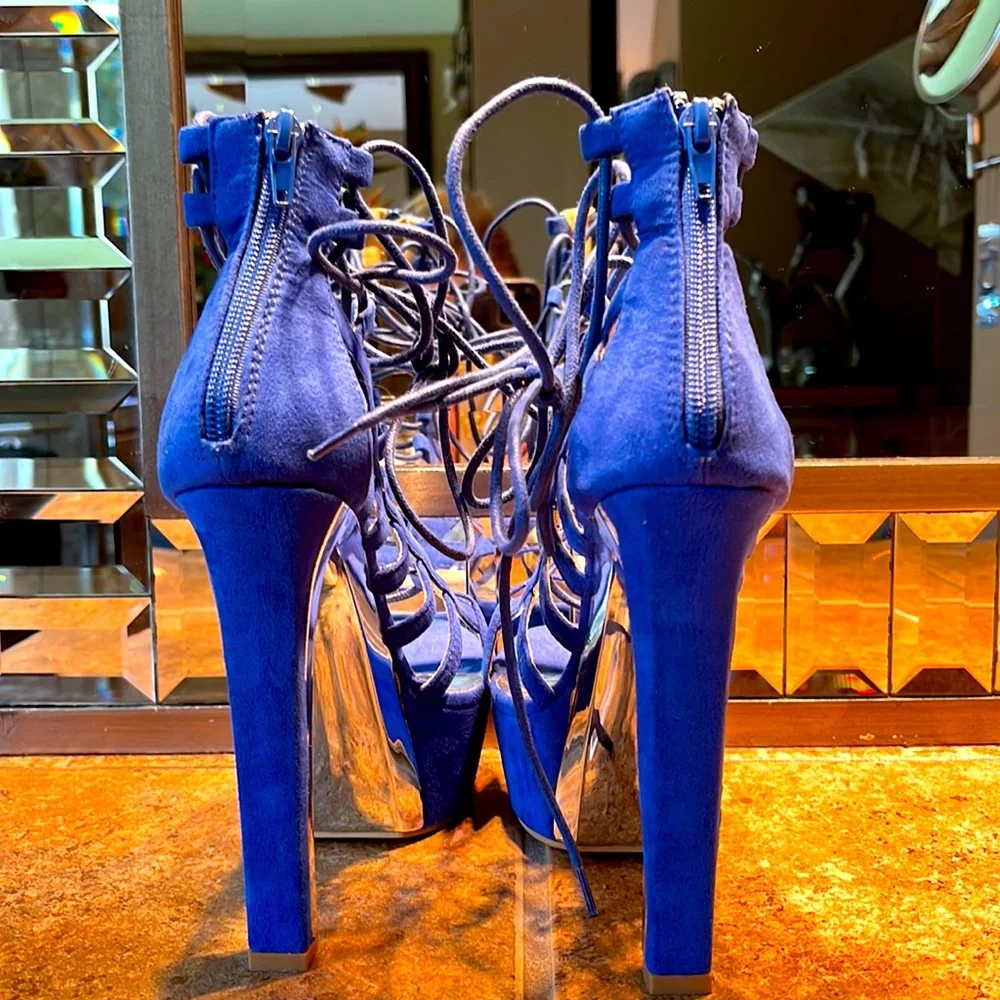 Blue Lace Up Platform Sandals